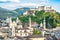 Beautiful view of the historic city of Salzburg with Festung Hohensalzburg in summer, Salzburger Land, Austria