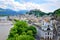 Beautiful view of Hohensalzburg castle and Salzach river in spring, Salzburg