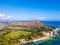 Beautiful view of Honolulu Diamond Head volcano including the hotels and building on Waikiki beach