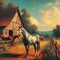 A beautiful view of horse ranch, vintage oil painting art, wallart design, nature