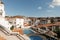 Beautiful view from the hotel to the area with the pool on the old white city and the mountains. Mijas. South sunny Spain.