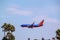 Beautiful view of huge airplane landing moment. Blue sky and green palm trees. San Diego. USA.