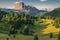 Beautiful view on Italian Dolomites Alps. Alpe di Siusi or Seiser Alm with Sassolungo or Langkofel mountain