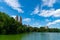 Beautiful view of the Jacqueline Kennedy Onassis Reservoir in urban park. city landscape of manhattan ny from central