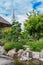 Beautiful view of Japanese Garden in Planten um Blomen park with famous Heinrich-Hertz-Turm radio telecommunication