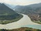 Beautiful view from Jvari Monastery to confluence of Aragvi and Kura rivers, town of Mtskheta and Svetitskhoveli Cathedral