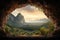 Beautiful view of the karst mountains from the cave. Beautiful mountaintop landscape view from a big cave, AI Generated