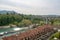 Beautiful view of Kirchenfeld bridge on aare river with charming building from Bern Munster platform on cloudy sky background