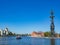 Beautiful view of Krymskaya embankment and Muzeon park of arts in Moscow on a sunny summer day.