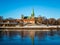 Beautiful view of the lake and the Nidaros Cathedral Trondheim Norway