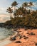 Beautiful view of Laniakea beach at sunset against a cloudy sky with dense vegetation in Hawaii