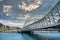 Beautiful view of Las Corrientes tied arch bridge over the Lerez river in Pontevedra, Spain