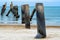 Beautiful view of leaning pillars of the old pier. Slanted concrete pole beach. Abandoned fishing pier pillar by the sea. Many of