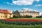 Beautiful view of lednice castle with storm clouds and blooming