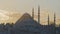 Beautiful view of majestic mosque on background of dawn. Action. Ancient mosque towers over area of Istanbul on