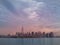 Beautiful view of Manhattan island in the purple sunset