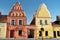 Beautiful view of the market square of Kedainiai, one of the oldest cities in Lithuania. Unique colorful Stikliu houses in golden