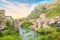 Beautiful view of the medieval town of Mostar from the Old Bridge in Bosnia and Herzegovina