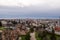 Beautiful view of a monastery and the city of Targoviste, Romania seen from atop of the Chindia Tower