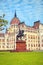 Beautiful view of the monument to Ferenc II Rakoki in the square of Lajos Kosuta in front of the Hungarian Parliament in Budapest