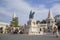 Beautiful view of the Monument to St. Istvan on Buda Hill near the Fishermen\\\'s Bastion in Budapest