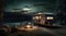 Beautiful view of motorhome outdoors at night. Summer camping