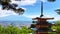 The beautiful view of Mount Fuji from the pagoda in Arakurayama Sengen Park. The pagoda is perfectly positioned for spectacular