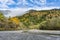 beautiful view of mountain with fog and colorful yellow tree in