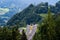 Beautiful view of mountains and entrance to autobahn tunnel near village of Werfen, Austria.