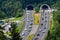 Beautiful view of mountains and entrance to autobahn tunnel near village of Werfen, Austria.