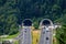 Beautiful view of mountains and entrance to autobahn tunnel near village of Werfen, Austria.