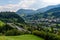 Beautiful view of mountains and entrance to autobahn tunnel near village of Werfen, Austria.