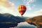 Beautiful view of mountains and lake, aerostat fly hot baloon