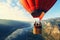 Beautiful view of mountains and lake, aerostat fly hot baloon