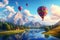 Beautiful view of mountains and lake, aerostat fly hot baloon