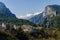 Beautiful view of the mountains of Olympus from an observation deck in the center of Litochoro. High rocky green mountains and