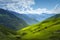 Beautiful view on mountains ranges. Mountain landscape on summer sunny day in Svaneti, Georgia. Alpine valley. Caucasus highlands