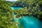 The beautiful view na the turquoise clear water of Plitvice lake