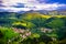 A beautiful view of natural beauty. A view of the landscapes and a part of a small mountain town from above.