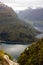 Beautiful view on nordfjord from the top of via ferrata Loen Norway with suspension bridge in autumn,scandinavian nature