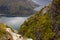 Beautiful view on nordfjord from the top of via ferrata Loen Norway with suspension bridge in autumn,scandinavian nature