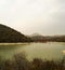 Beautiful view from the observation deck on a mountain lake in the fall. Sukko.