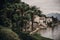 Beautiful view on old buildings on lake in Stresa city, Italy. Architecture and shore on Lago Maggiore in sunny day on background