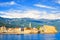 Beautiful view of the old town of Budva and the bell tower of the Church of St. John in Budva