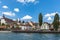 Beautiful view of the old town of Lucerne on the river side of Reuss, with the famous Musegg wall Museggmauer and tower on a