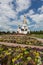 Beautiful view of the Orthodox Church, flowers.