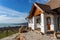 Beautiful view ot the Badacsony hill next to the Lake Balaton from above with an vineyard with a bench