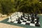 Beautiful view of outdoor place with  big chess figures.  Outdoors activities concept