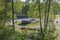 Beautiful view of outdoor public  resting place on natural landscape. Wooden bench and table surrounded of birch trees. Sweden.