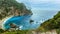 Beautiful view over the sea beach in Kerkyra island. Wonderful morning seascape of Ionian Sea, Corfu island. Aerial summer view of